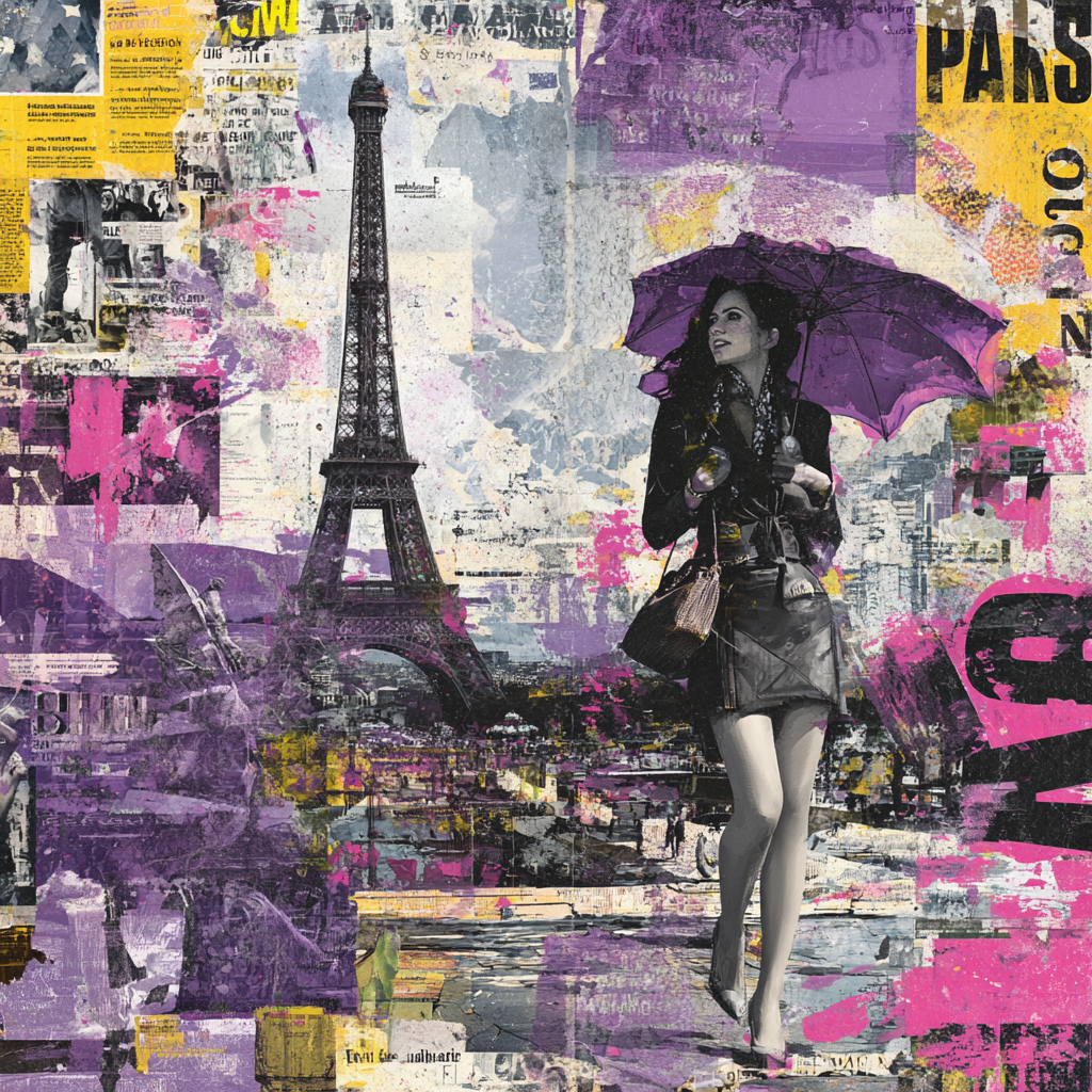 Pop-Art-Collage einer Frau mit violettem Regenschirm vor dem Eiffelturm, mit urbanen Farben, Texturen und Zeitungsausschnitten im Hintergrund.
