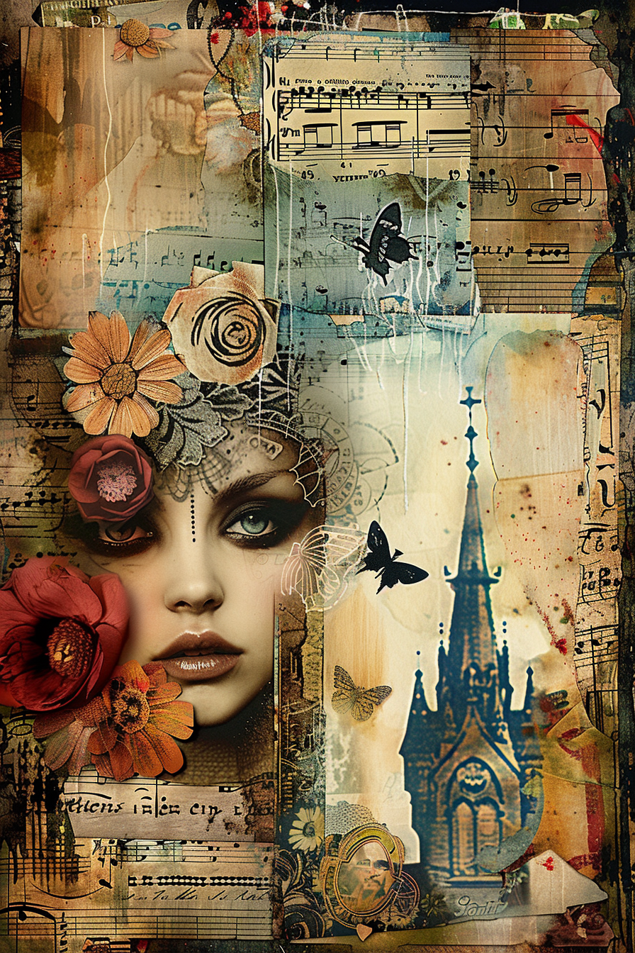 Collage aus einem weiblichen Porträt, Blumen, Notenblättern und einer gotischen Kirche; Schmetterlinge und handschriftliche Partituren durchziehen das Bild.
