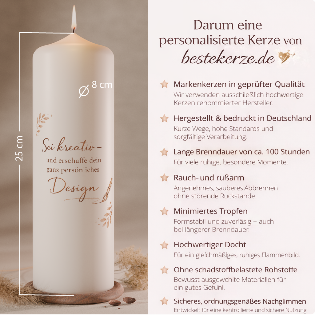 Weiße personalisierte Kerze mit Abmessungen von 25 cm Höhe und 8 cm Durchmesser sowie Qualitätsmerkmalen
