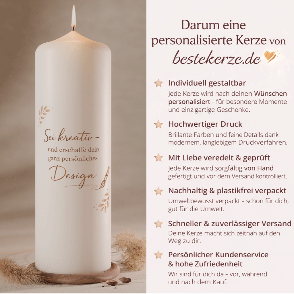 Personalisierbare weiße Kerze mit Schriftzug und Informationen zu Gestaltung, Druckqualität und Service von bestekerze.de