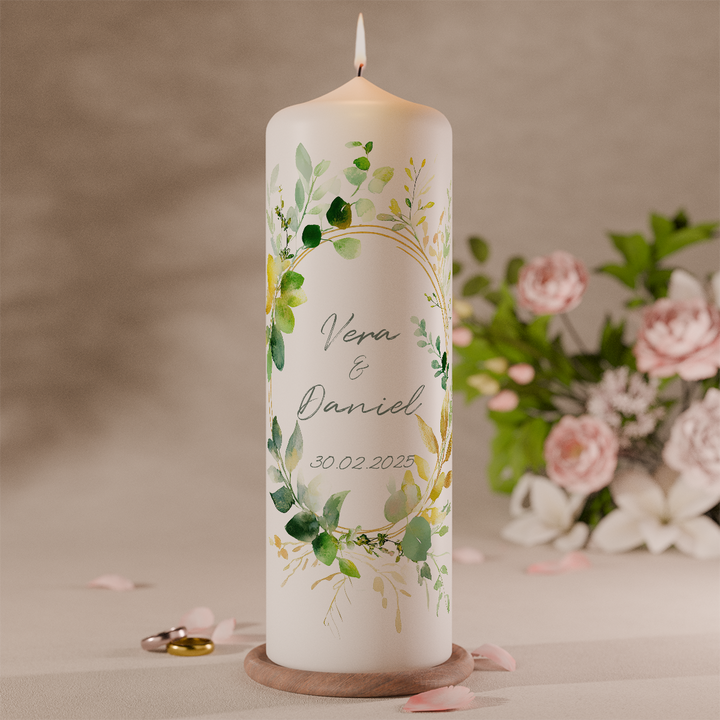 personalisierte hochzeitskerze eukalyptus grün modern