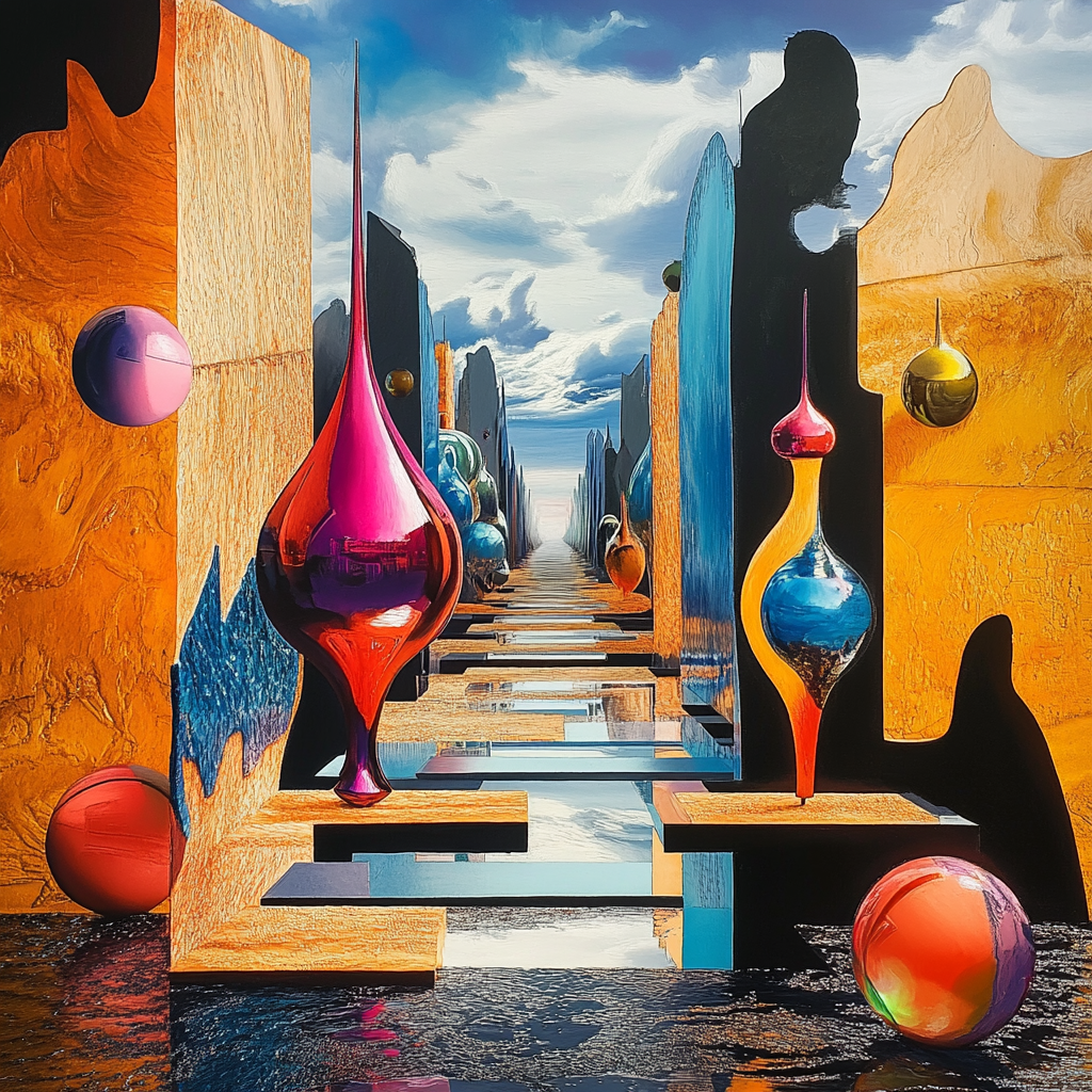 Surreale Szene mit bunten Glasformen, reflektierenden Flächen und geometrischer Architektur unter blauem Himmel
