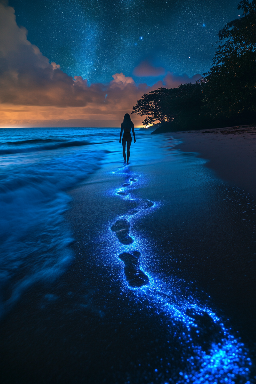 person geht nachts am meer entlang mit leuchtenden fußspuren im sand
