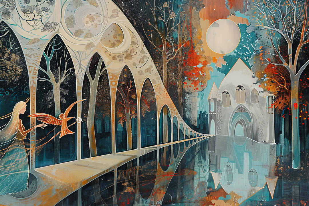 Fantasievolle Szene mit einer Frau und einem Vogel auf einem bogenförmigen Weg unter einem leuchtenden Mond, umgeben von herbstlichen Bäumen und architektonischen Formen – Symbol für Hoffnung und Übergang.
