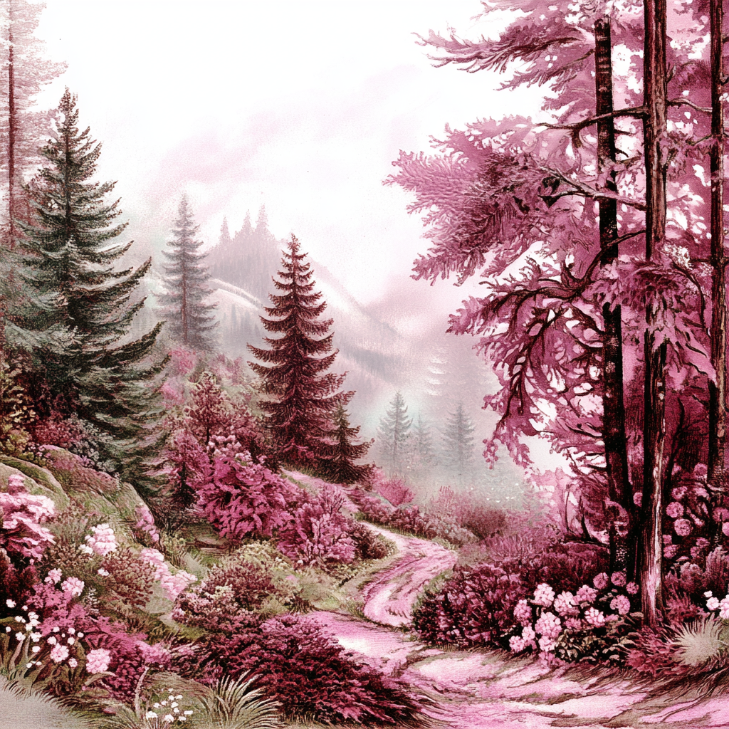 Verträumte Landschaft mit einem Waldweg, umgeben von rosa und violetten Bäumen und Blumen – neblige Hügel im Hintergrund.
