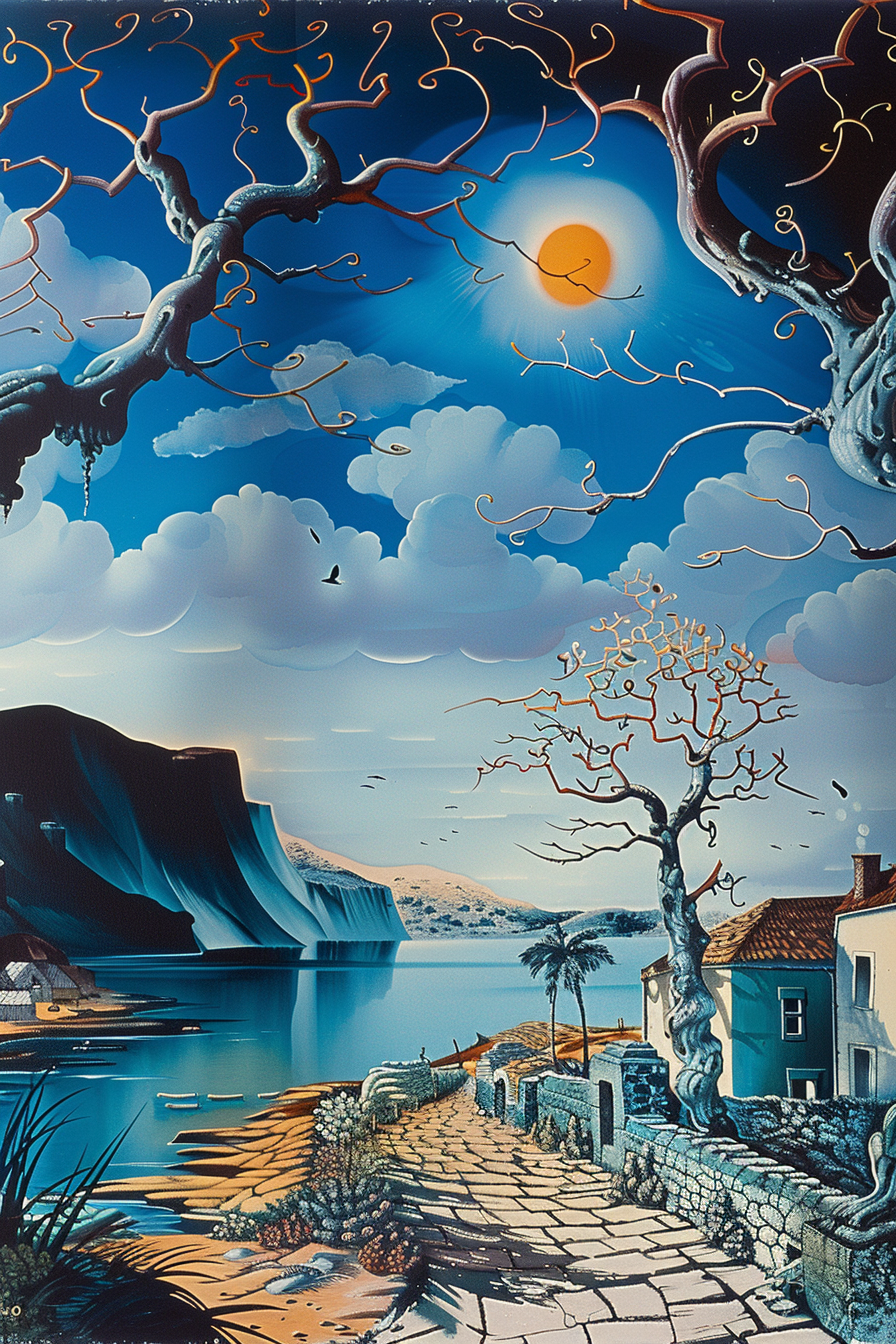 Surreale Landschaft mit gewundenem Pfad am Wasser, kahlen Bäumen und leuchtender Sonne über Bergen – Traumhafte Szene in Blautönen und warmem Licht.
