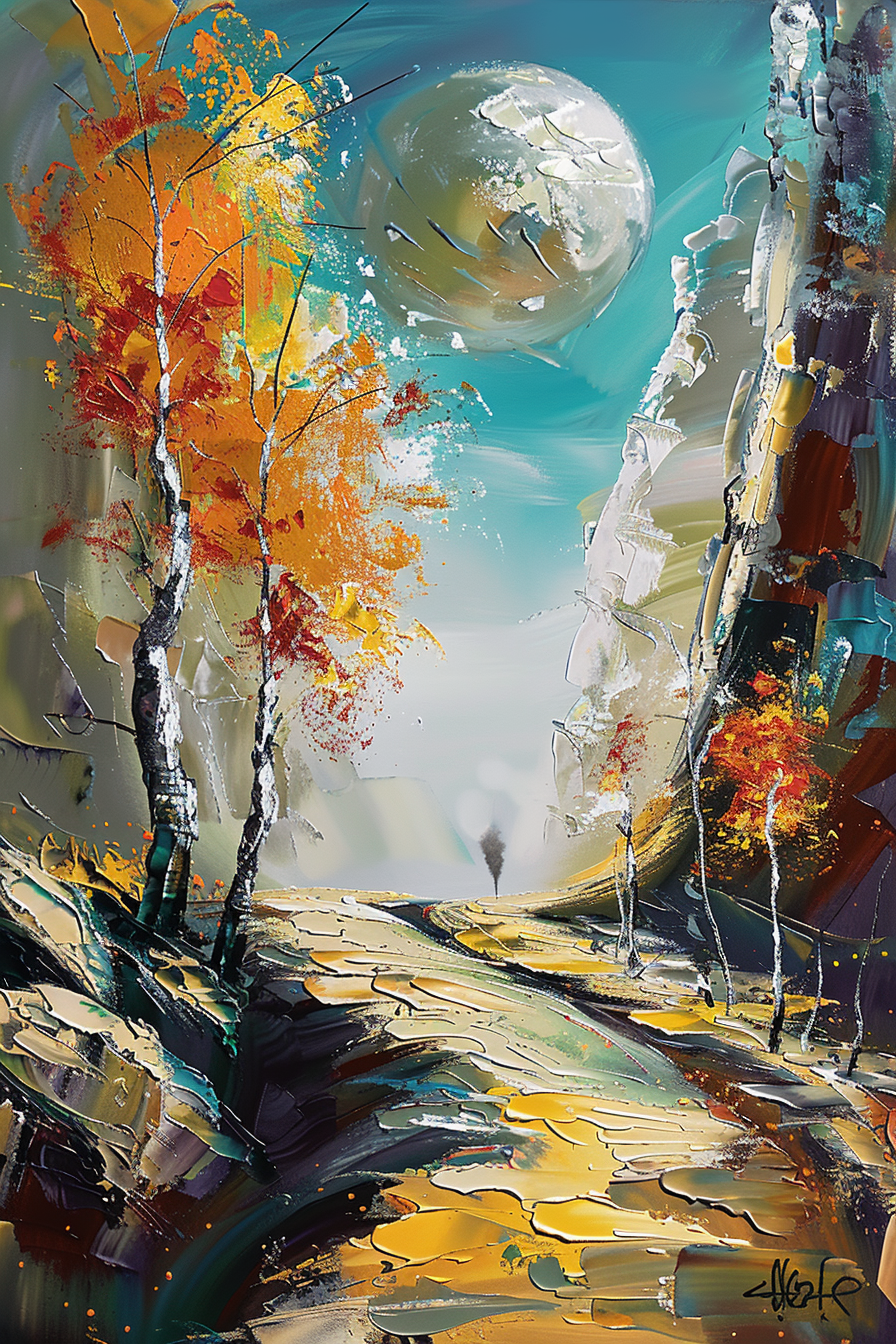 Eine abstrakte Landschaft mit goldgelbem Weg, herbstlich gefärbten Bäumen und einer großen, hellen Kugel am Himmel. Die Szene wirkt surreal und träumerisch.
