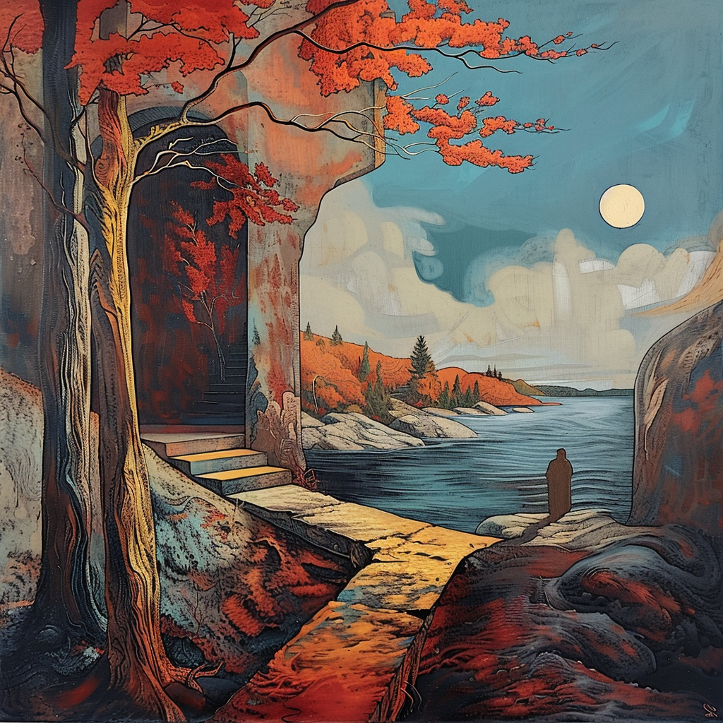 Ein stimmungsvolles Gemälde zeigt eine herbstliche Landschaft mit rotem Laub, einem Fluss und einem hellen Mond über einem Pfad, der zu einem Tor in den Felsen führt.
