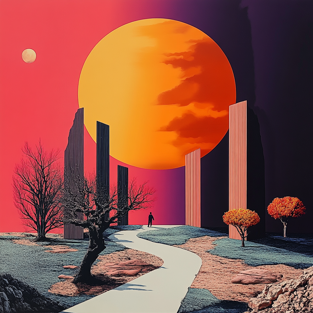 Surreale Landschaft mit riesiger orangefarbener Sonne, einsamem Wanderer, karger Natur und geometrischen Säulen – Symbol für Reise, Bewusstsein und Erneuerung.
