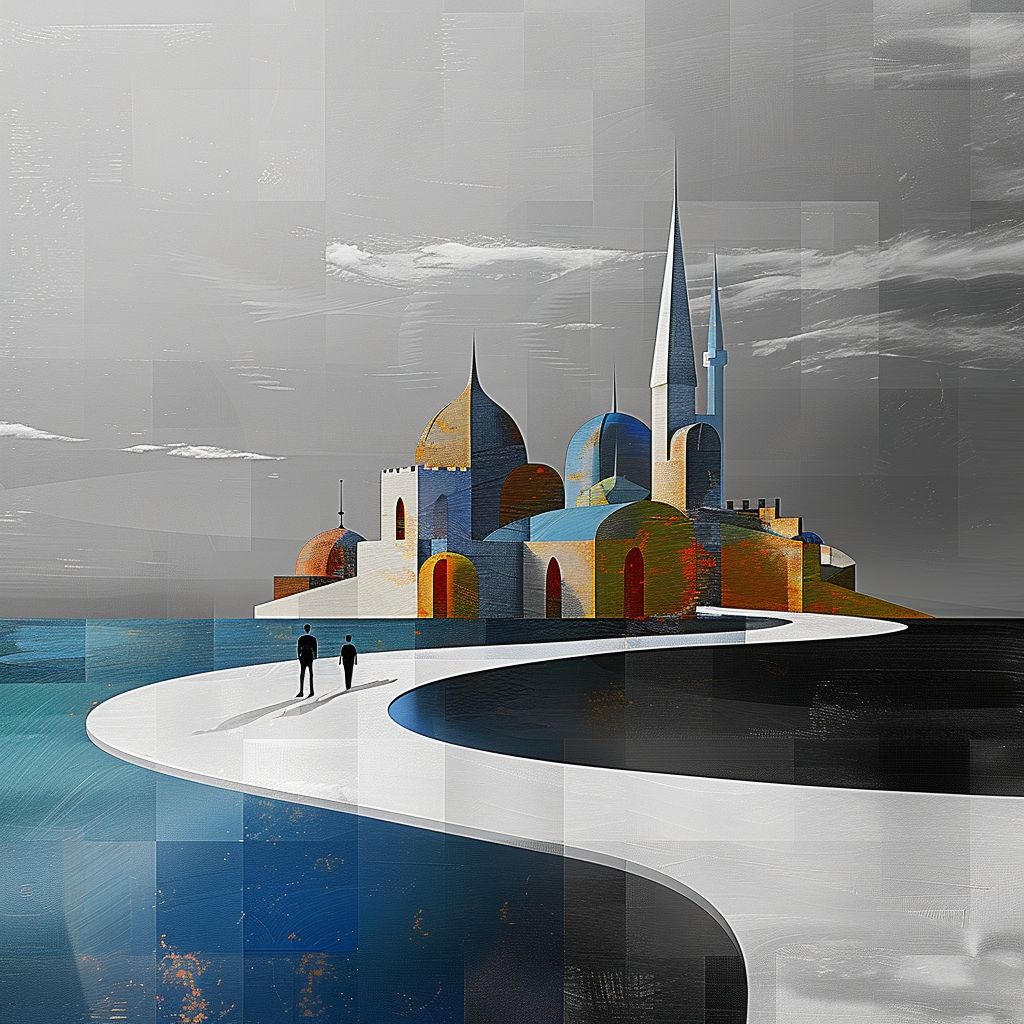 Surreale, geometrisch aufgebaute Stadtlandschaft mit Kuppeln und Türmen an einer Küste. Zwei Personen gehen auf einem weißen Weg über das Wasser in Richtung der Stadt – ruhige, träumerische Atmosphäre in Grau- und Blautönen.
