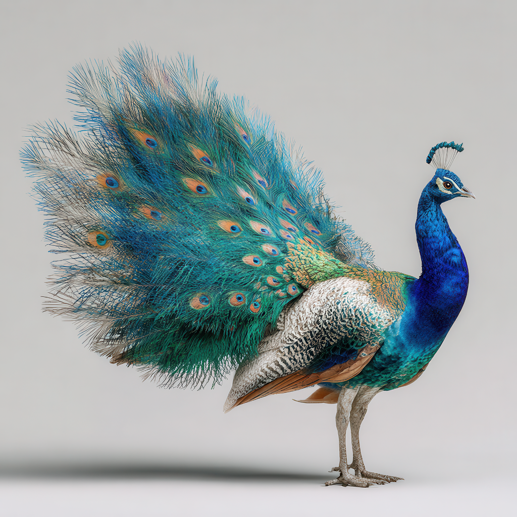 Prachtvoller Pfau mit vollständig geöffnetem Rad vor hellem Studiobackground.

