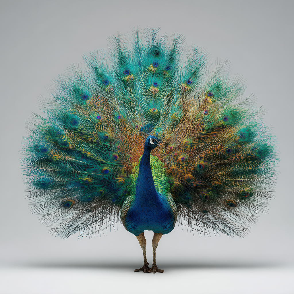 Pfau mit vollständig aufgeschlagenem, farbenprächtigem Rad.
