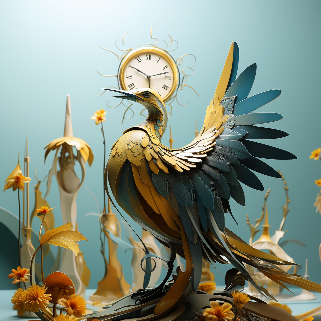 surrealistischer gold-blauer vogel vor uhr und blumen auf türkisfarbenem hintergrund
