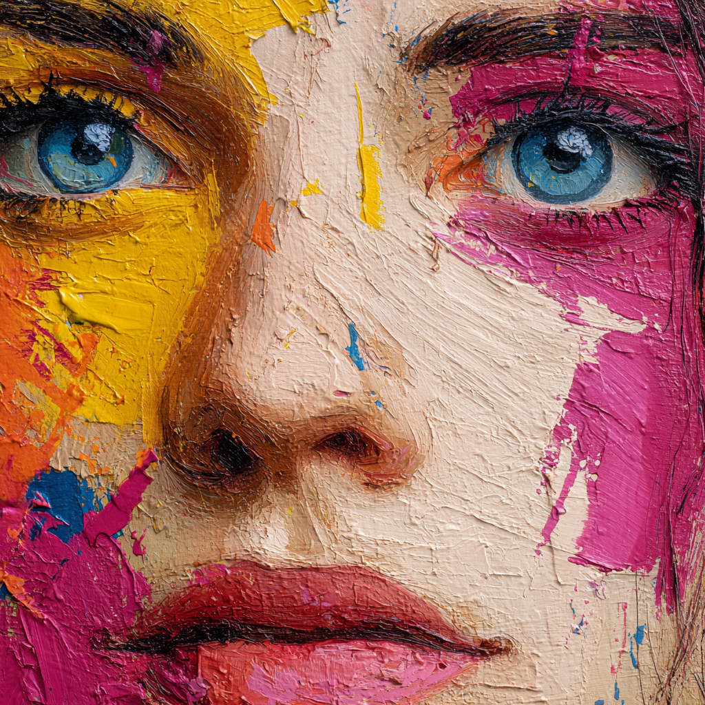 Nahansicht eines Gesichts mit kräftigen Farbspuren in Gelb, Pink und Blau auf
pastos strukturierter Oberfläche.
