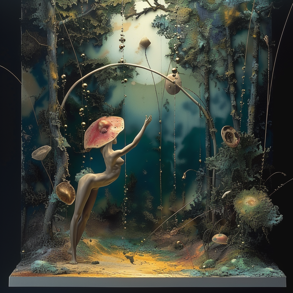 Surreale Figur mit Pilzhut tanzt in einem geheimnisvoll leuchtenden Wald aus Moos, goldenen Fäden und organischen Formen.
