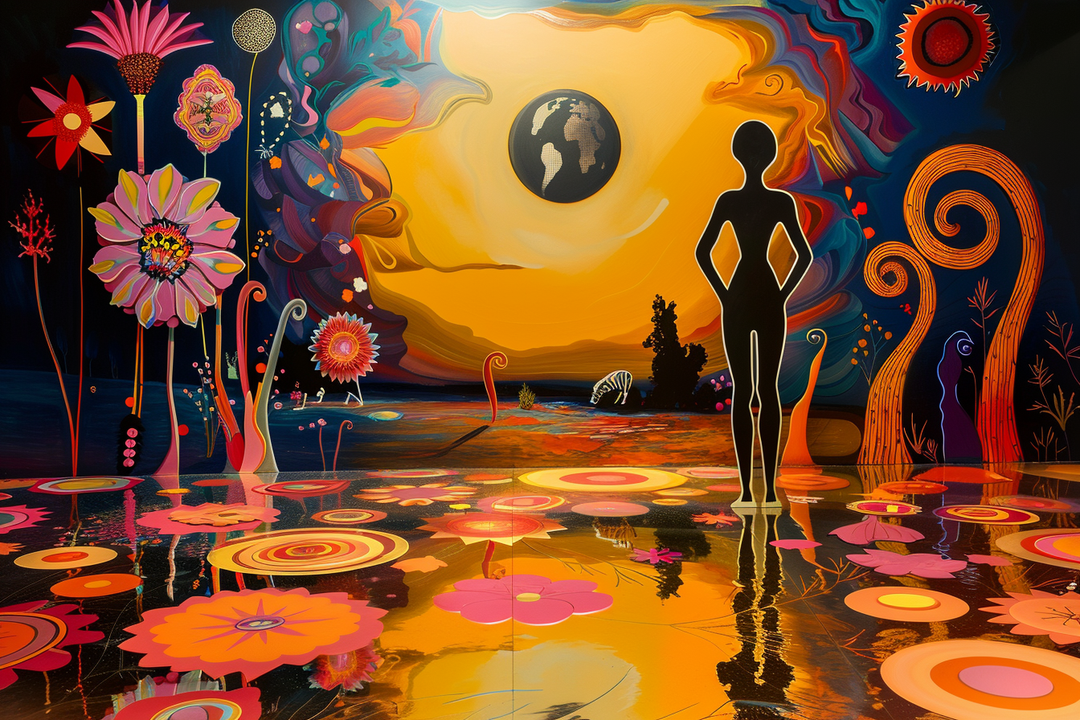 Farbintensive Landschaft mit einer Silhouette vor einem goldenen Himmel, Blumen, Spiralen und der Erde im Hintergrund – symbolische Vision von Ursprung und Leben.
