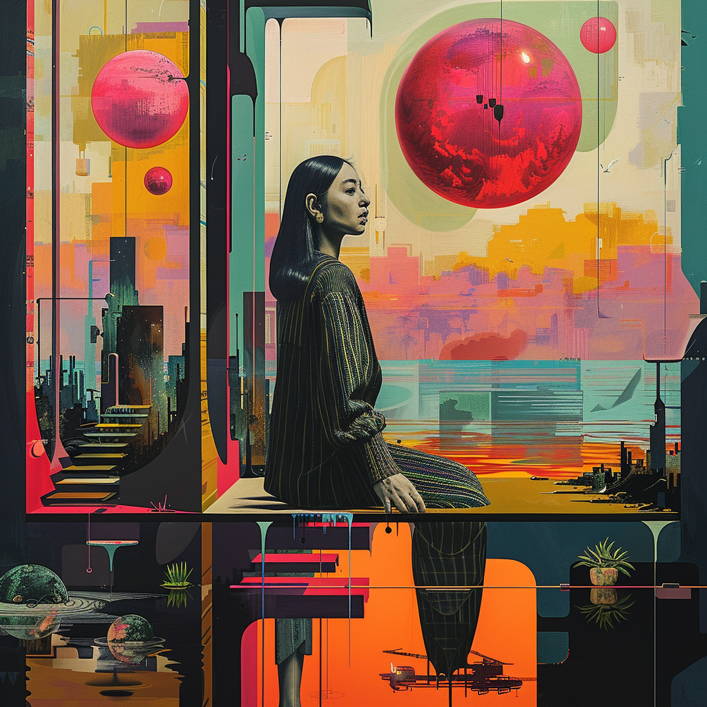 Surreale futuristische Szene mit einer sitzenden Frau vor einer Landschaft aus geometrischen Formen, roten Planeten und leuchtenden Farbfeldern.
