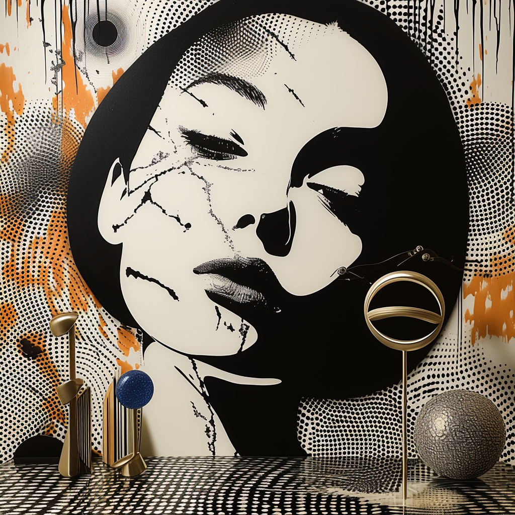 Pop-Art-Porträt einer Frau in Schwarz-Weiß mit abstrakten Linien, grafischen Mustern und metallischen Skulpturen im Vordergrund – digitale Kunst.
