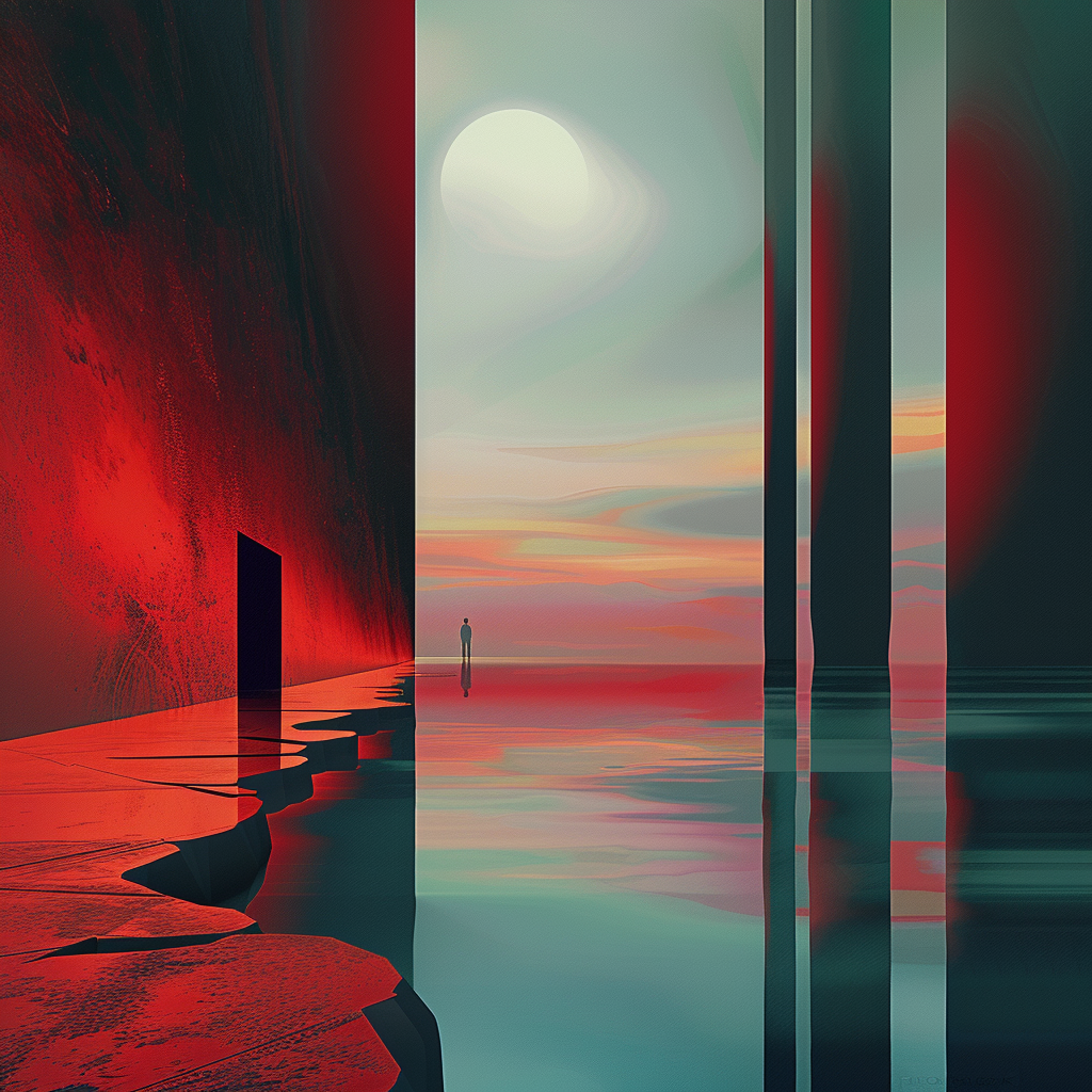 Surreale Landschaft mit roten und türkisfarbenen Flächen, einer Person im Licht und architektonischen Säulen. Traumhafte Atmosphäre.
