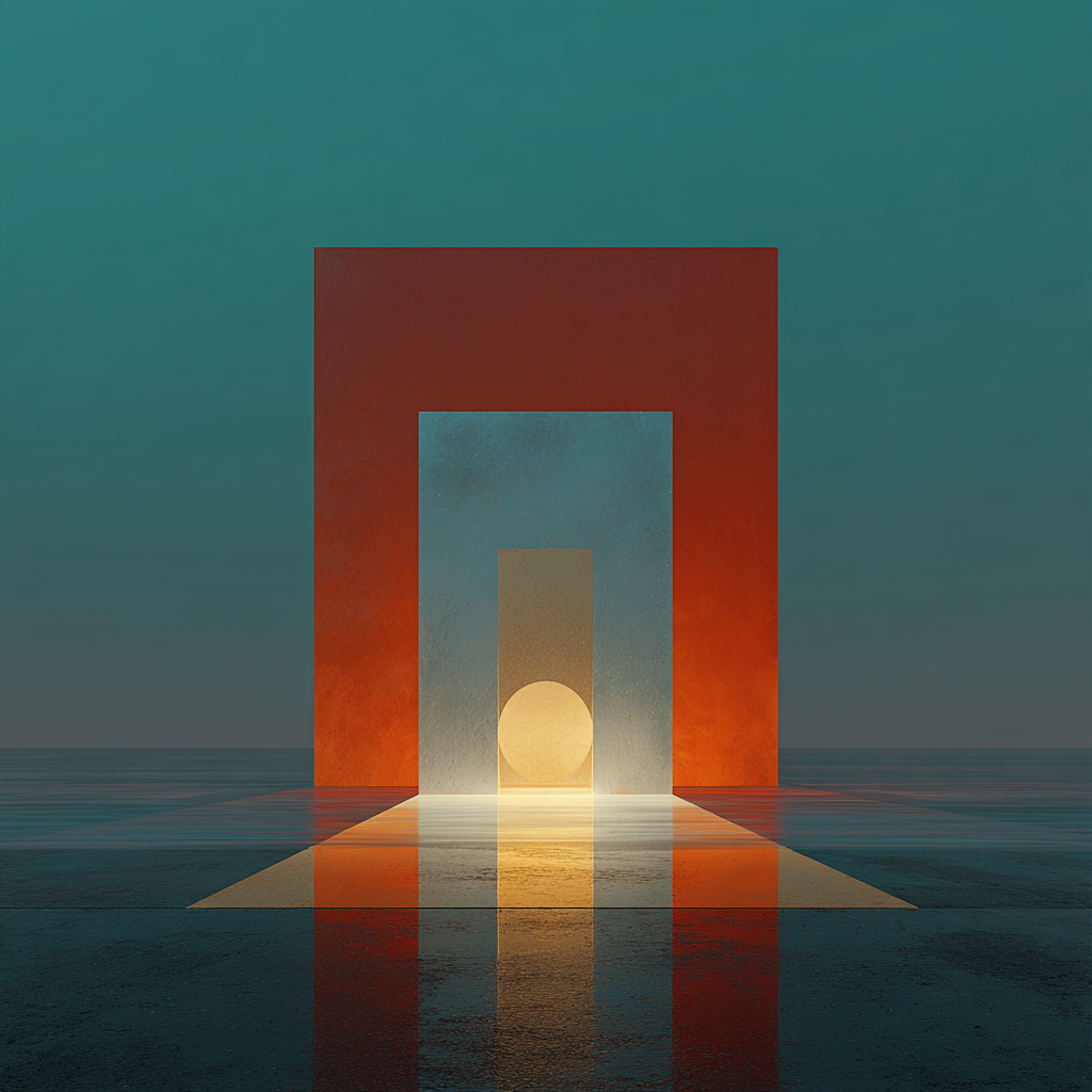 Geometrische Rechtecke in Rot und Türkis mit leuchtender Kugel und reflektierendem Boden, minimalistisch und symmetrisch.
