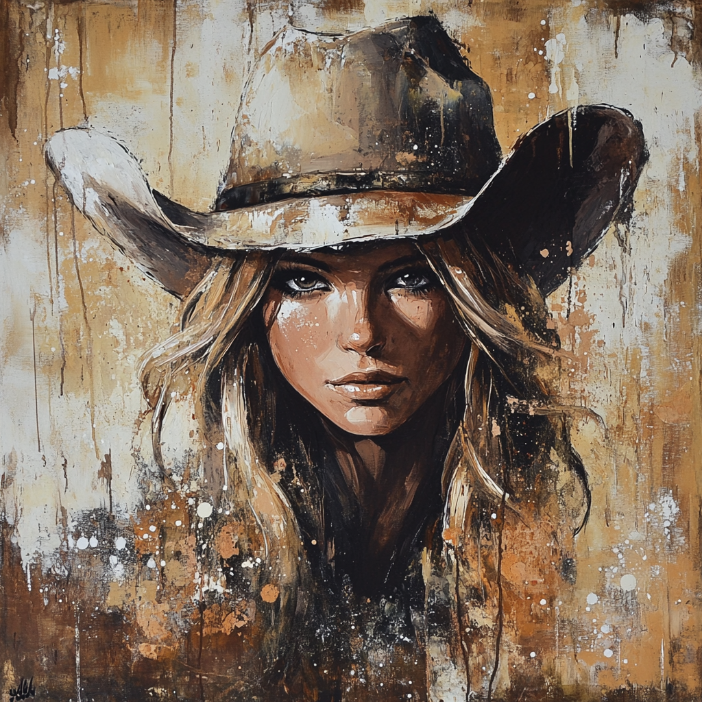 Ausdrucksstarkes Porträt einer Frau mit Cowboyhut in warmen Brauntönen, gemalt im modernen, dynamischen Stil mit kräftigen Pinselstrichen und Farbspritzern.
