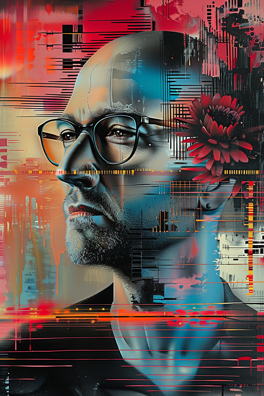 Abstraktes Porträt eines Mannes mit Blume und geometrischen Linien – Digitalkunst zwischen Mensch, Struktur und Emotion.
