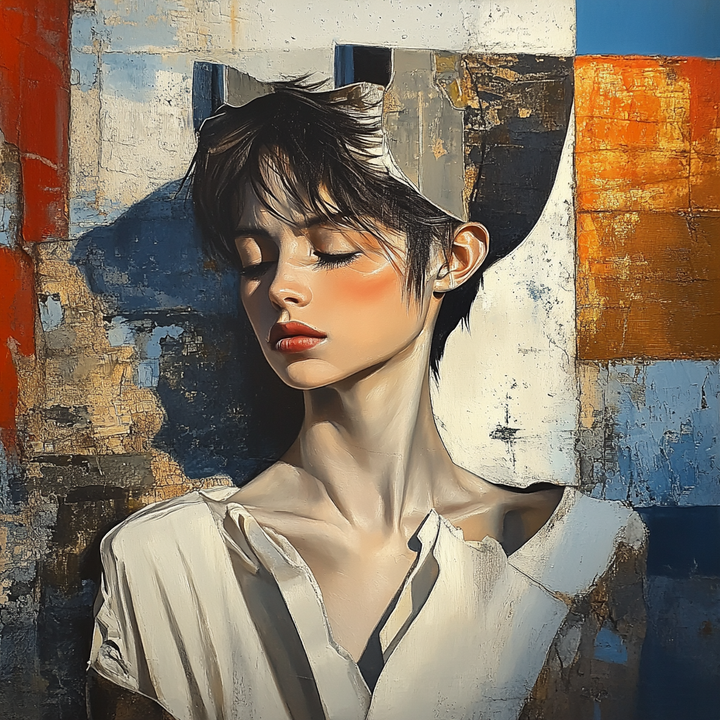 Porträt einer jungen Frau mit geschlossenen Augen vor strukturierter Wand in warmen Farben
