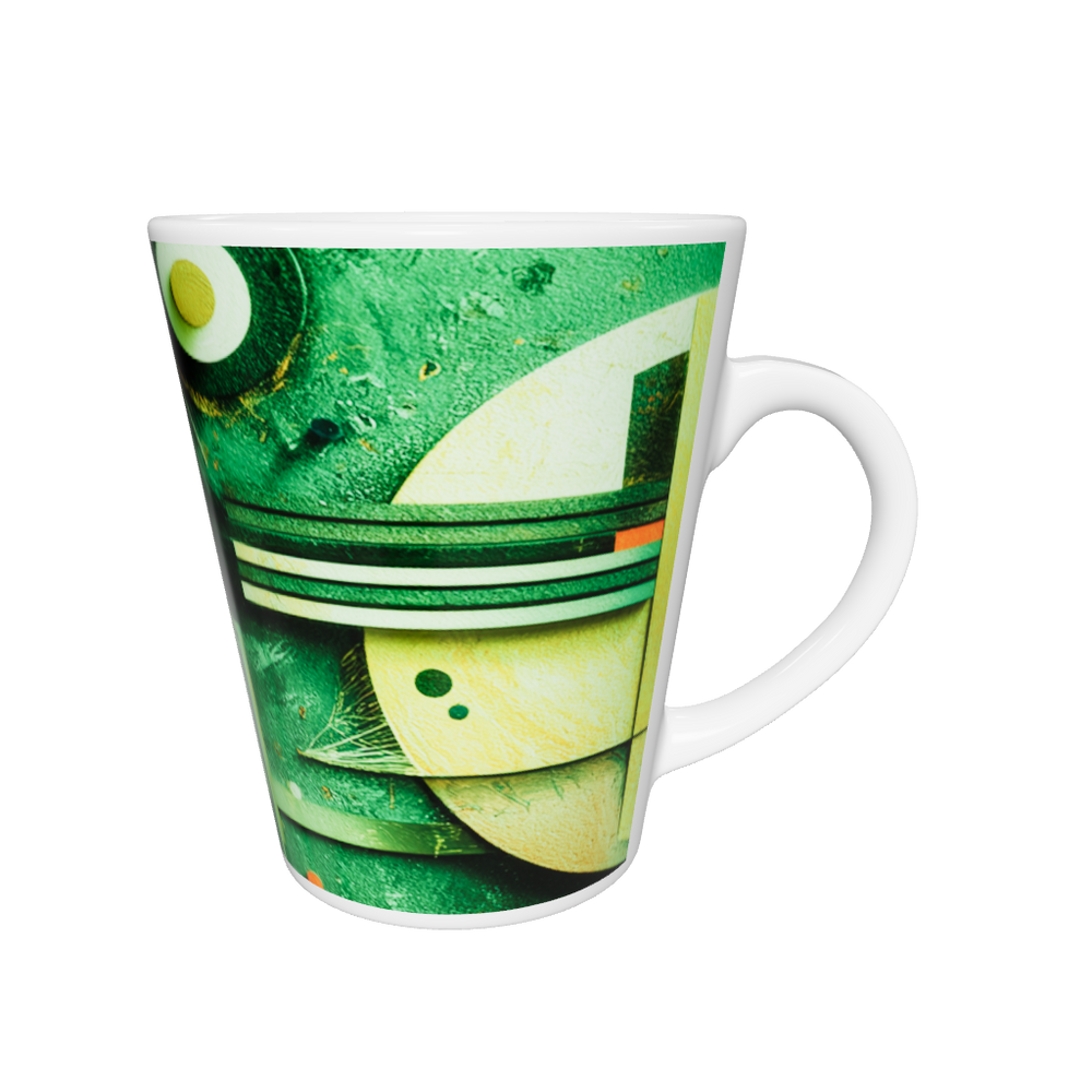 „Latte-Tasse konisch mit abstraktem Motiv in Gelb-Blau-Violett, Kandinsky-inspiriert im Bauhaus-Stil“