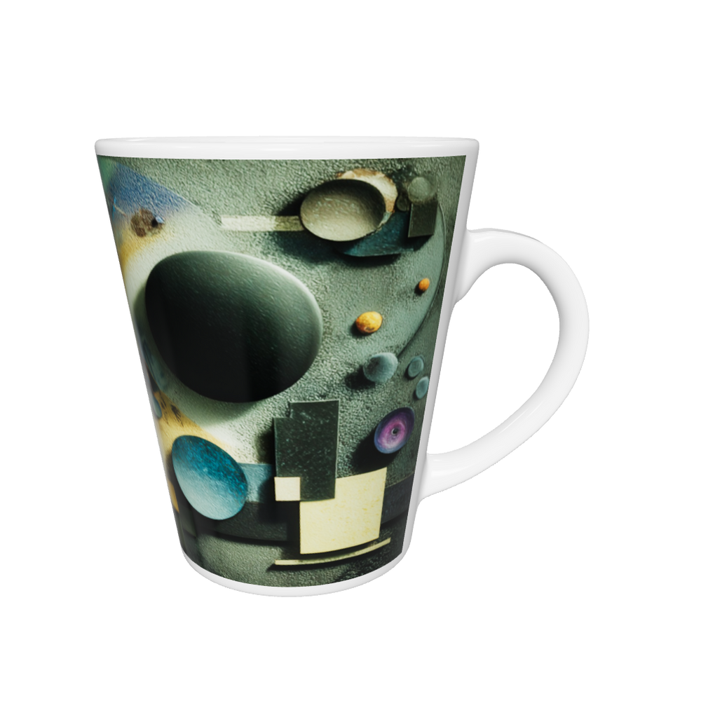 Exklusive Latte-Tasse mit Kandinsky-inspiriertem Bauhaus-Motiv. Konische Form, Farben in Gelb & Blau – ein stilvolles Geschenk für Kunstliebhaber.