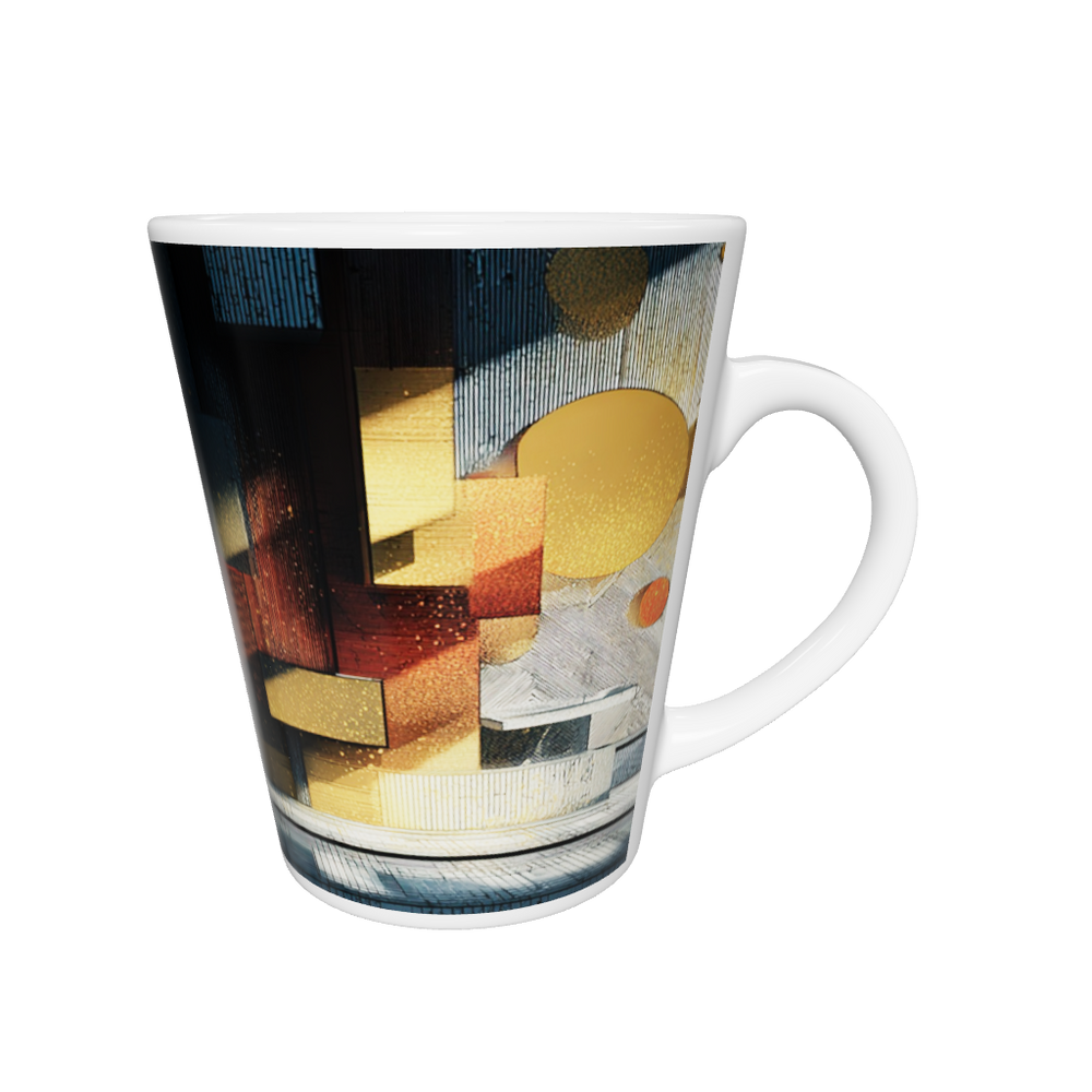 „Latte-Tasse konisch mit geometrischem Motiv in Gold-Kupfer auf dunklem Bauhaus-Hintergrund“