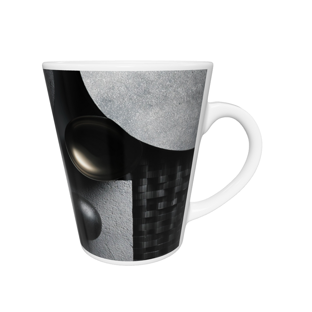 „Latte-Tasse konisch mit minimalistischem geometrischem Motiv in Schwarz und Grau, inspiriert von Bauhaus“