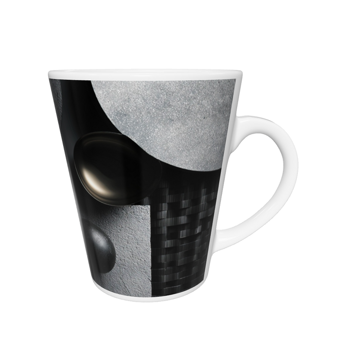 „Latte-Tasse konisch mit minimalistischem geometrischem Motiv in Schwarz und Grau, inspiriert von Bauhaus“