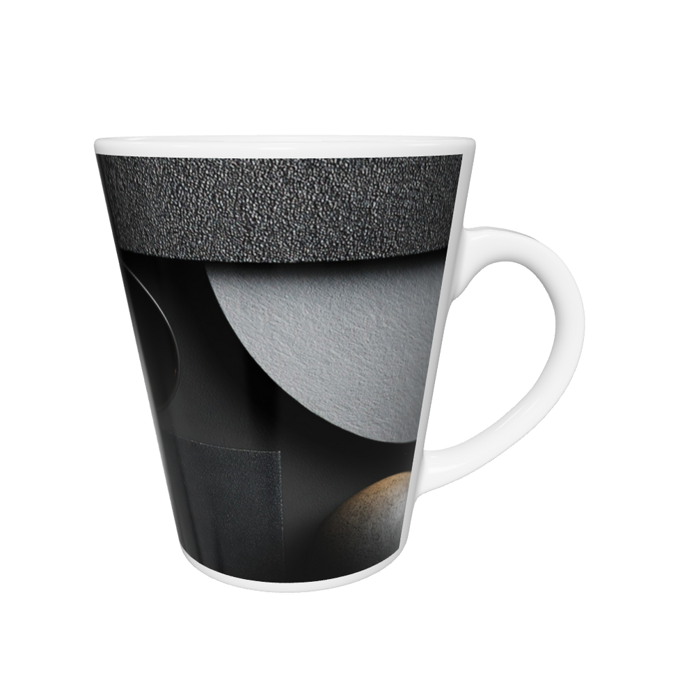 „Latte-Tasse konisch mit geometrischem Schwarz-Grau-Motiv, minimalistisch im Bauhaus-Stil“