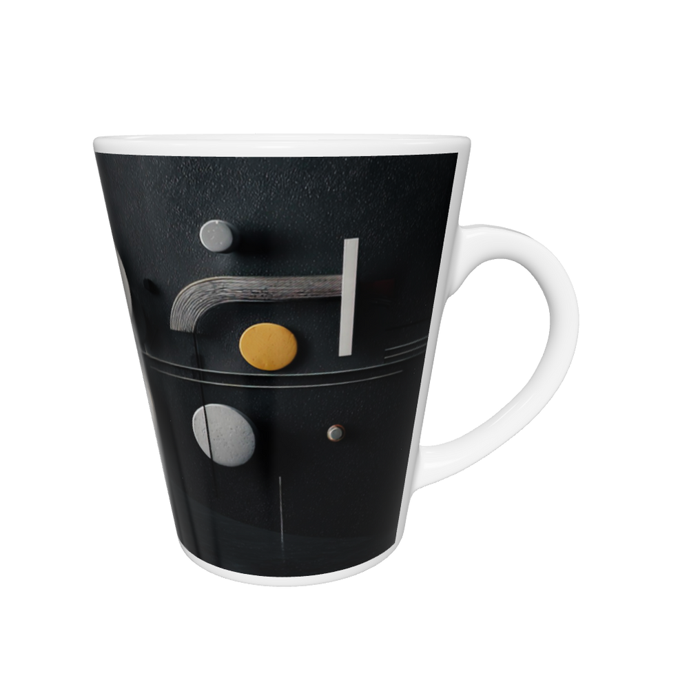 „Latte-Tasse konisch mit abstraktem Schwarz-Grau-Motiv, minimalistisch inspiriert von Kandinsky & Bauhaus“