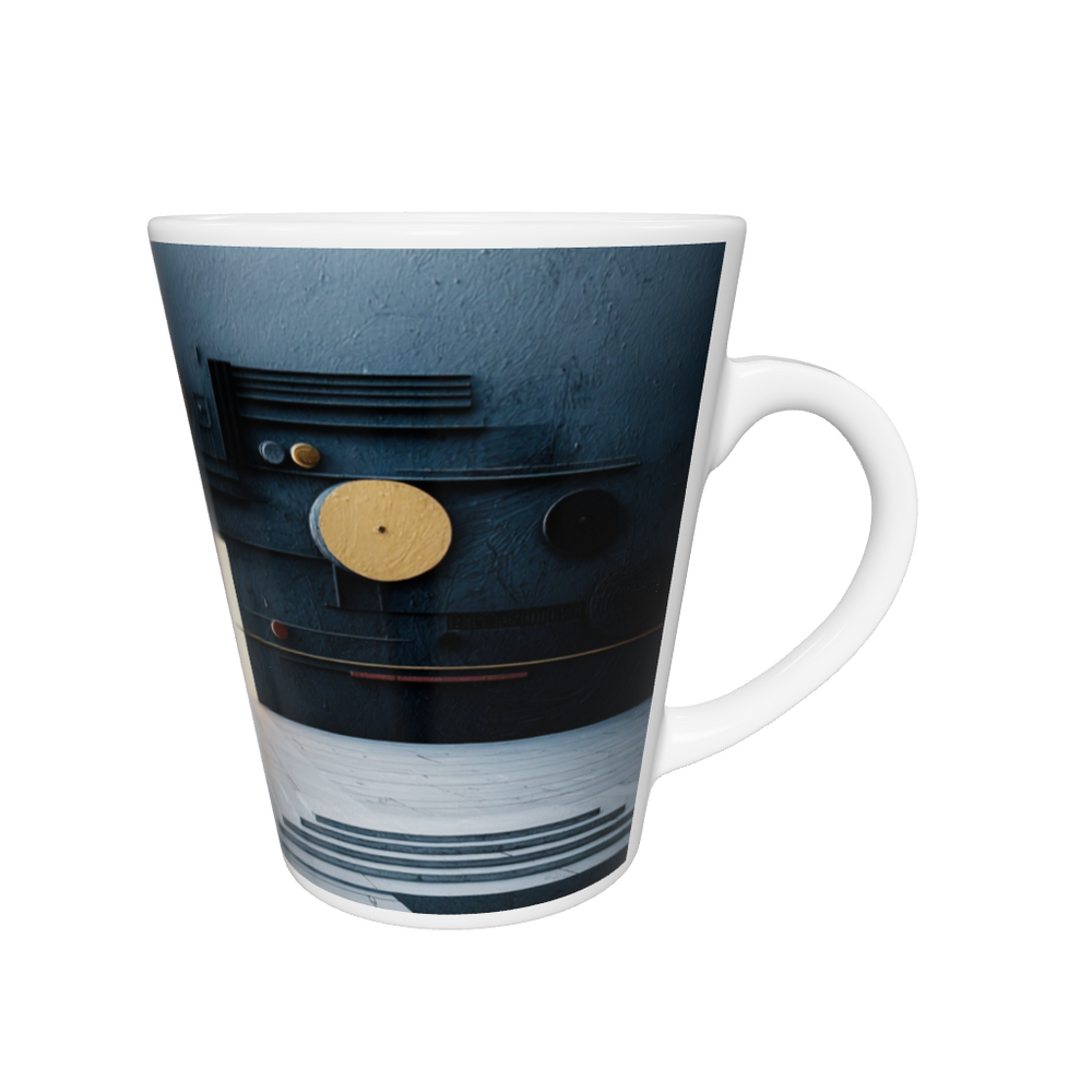 Latte-Tasse konisch mit abstraktem Bauhaus-Motiv, Kreise und Linien in Gold und Rot, inspiriert von Kandinsky“