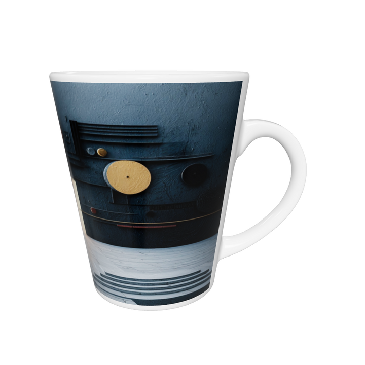 Latte-Tasse konisch mit abstraktem Bauhaus-Motiv, Kreise und Linien in Gold und Rot, inspiriert von Kandinsky“