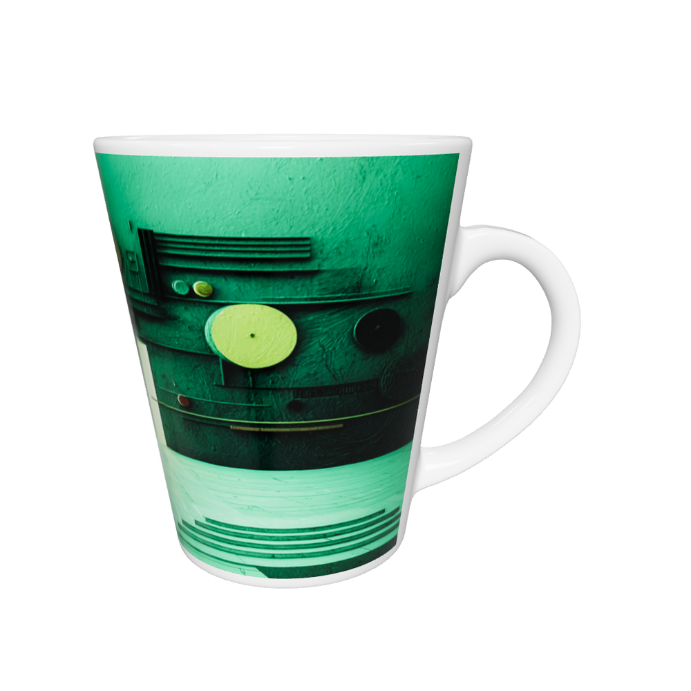 „Latte-Tasse konisch mit abstraktem grünem Bauhaus-Motiv, Kreise und Linien inspiriert von Kandinsky“
