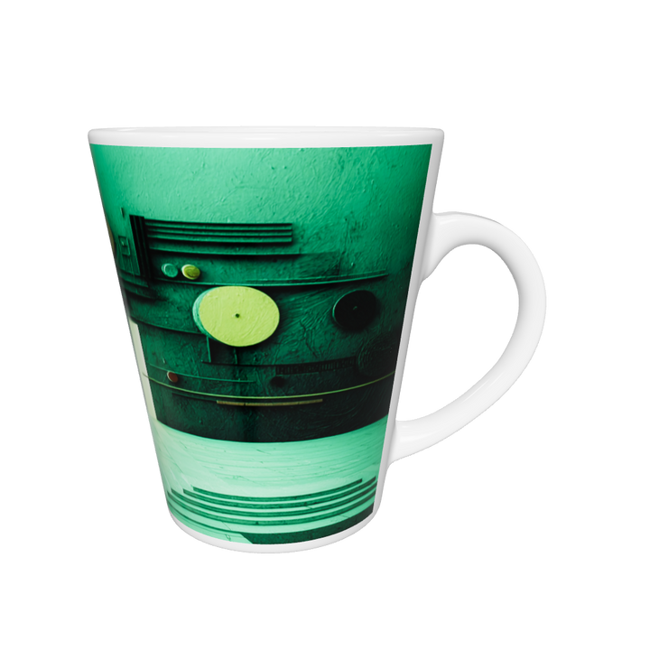 „Latte-Tasse konisch mit abstraktem grünem Bauhaus-Motiv, Kreise und Linien inspiriert von Kandinsky“
