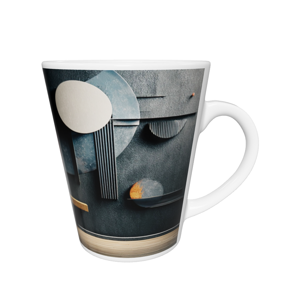 „Latte-Tasse konisch mit abstraktem Bauhaus-Motiv aus Kreisen und Linien, inspiriert von Kandinsky, mit Lichtakzent“