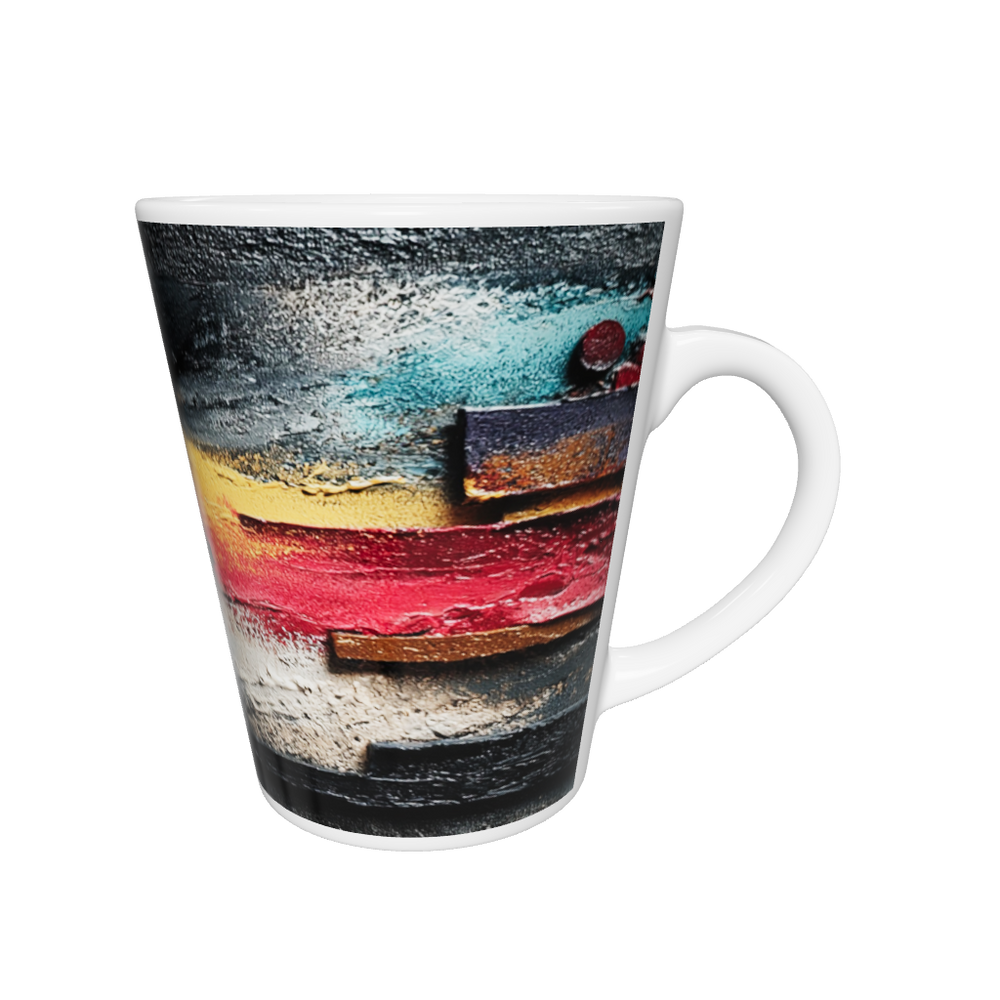 „Latte-Tasse konisch mit abstraktem farbenfrohen Motiv in Rot, Gelb und Violett, inspiriert von Bauhaus und Kandinsky“