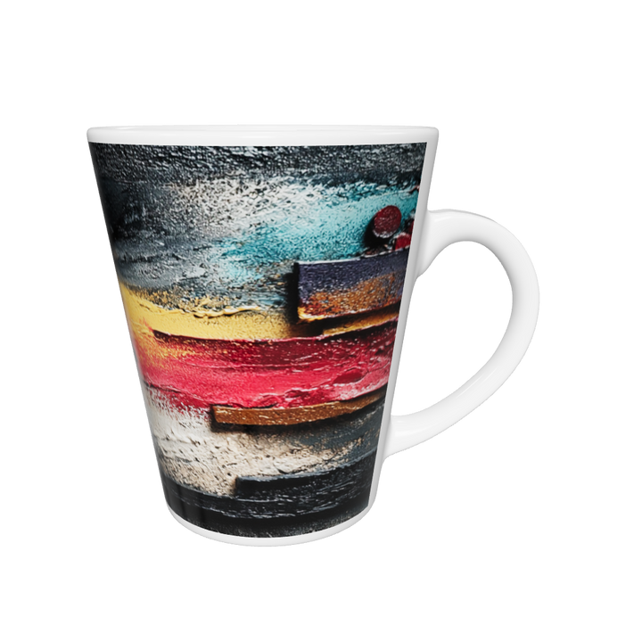 „Latte-Tasse konisch mit abstraktem farbenfrohen Motiv in Rot, Gelb und Violett, inspiriert von Bauhaus und Kandinsky“