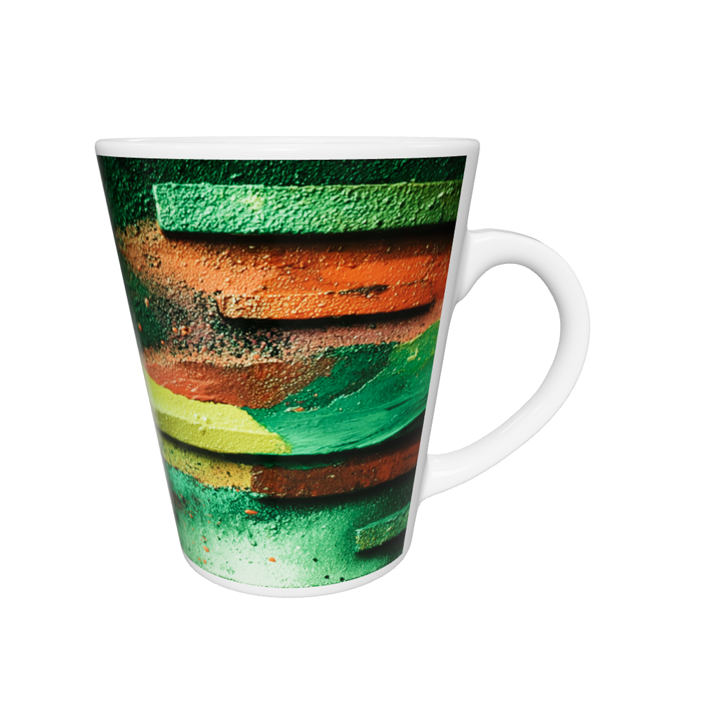 „Latte-Tasse konisch mit abstraktem grün-gelb-orangefarbenem Motiv, inspiriert von Bauhaus und Kandinsky“