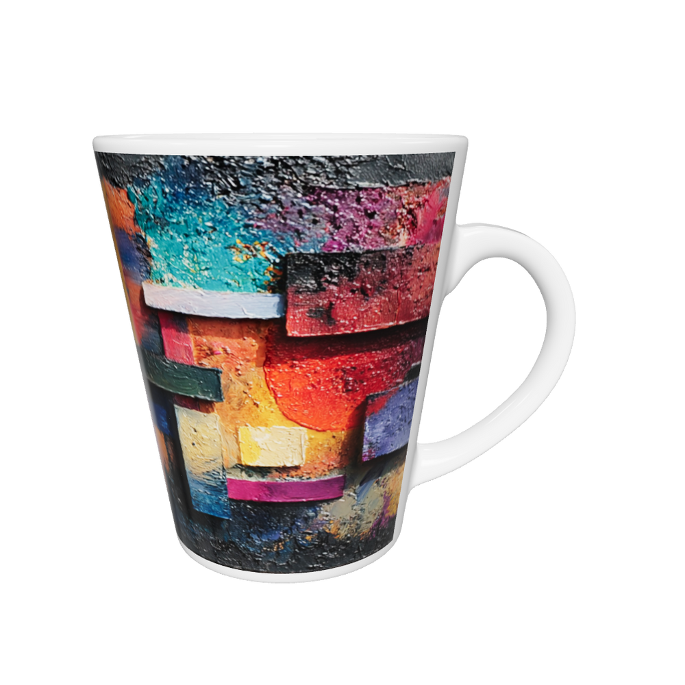 „Latte-Tasse konisch mit abstraktem farbenfrohem Motiv in Gelb, Rot, Violett und Blau, inspiriert von Bauhaus und Kandinsky“