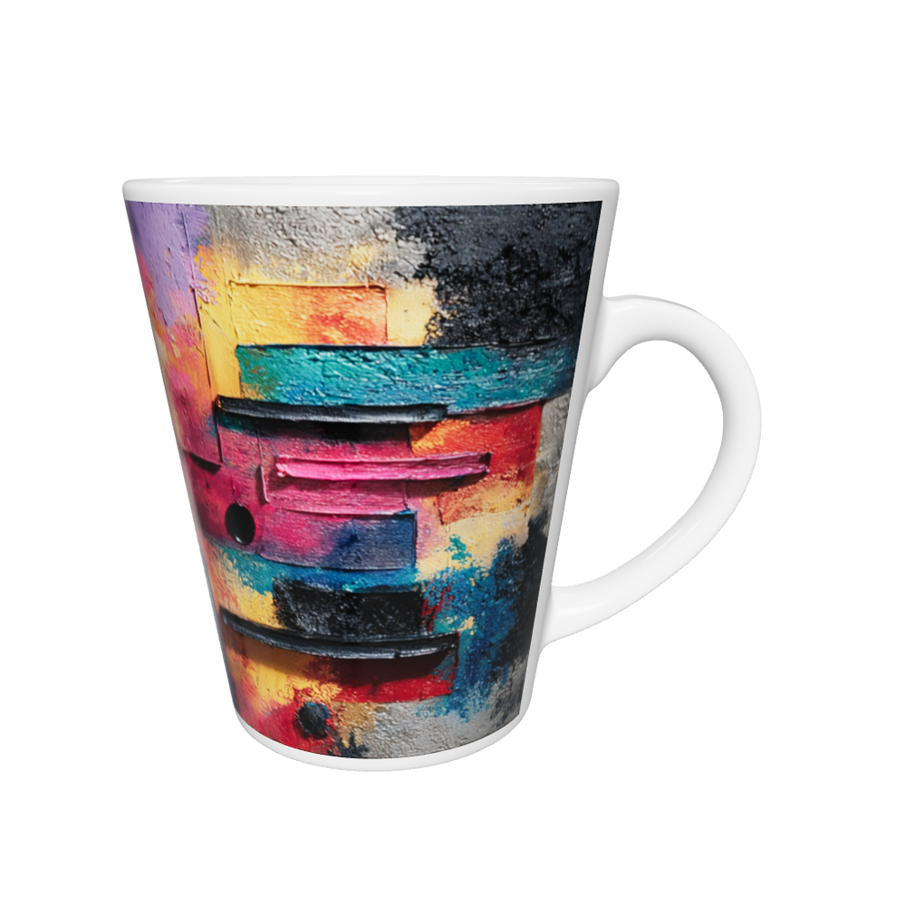 „Latte-Tasse konisch mit abstraktem farbenfrohem Bauhaus-Motiv in Gelb, Pink, Violett und Türkis“