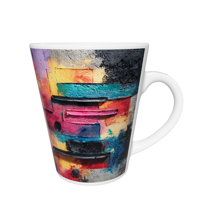 „Latte-Tasse konisch mit abstraktem farbenfrohem Bauhaus-Motiv in Gelb, Pink, Violett und Türkis“