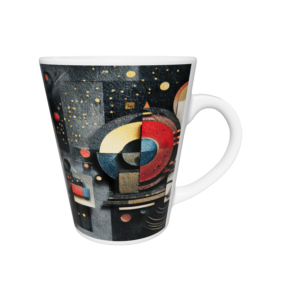„Latte-Tasse konisch mit abstraktem geometrischem Bauhaus-Motiv in Rot, Gelb, Blau und Schwarz, inspiriert von Kandinsky“