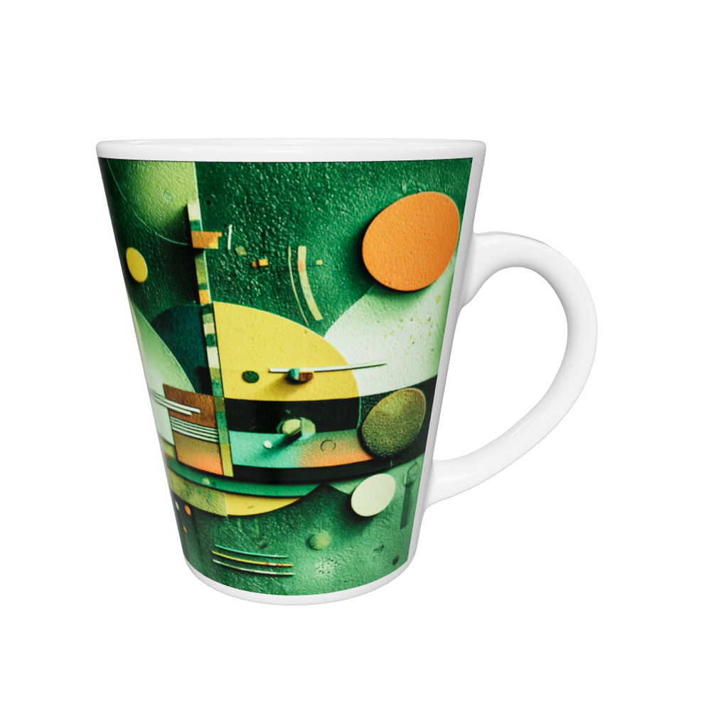 „Latte-Tasse konisch mit grünem Bauhaus-Motiv, geometrische Kreise und Linien inspiriert von Kandinsky“