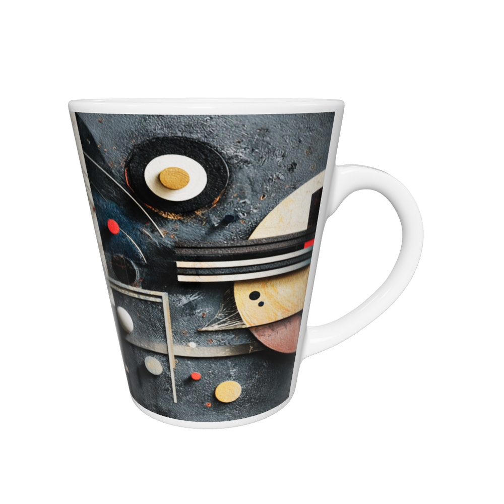„Latte-Tasse konisch mit abstraktem geometrischem Motiv in Rot, Gelb, Blau und Weiß, inspiriert von Kandinsky & Bauhaus“