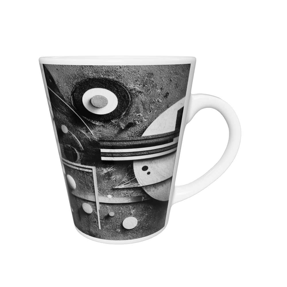 „Latte-Tasse konisch mit abstraktem geometrischem Schwarz-Weiß-Motiv inspiriert von Bauhaus und Kandinsky“