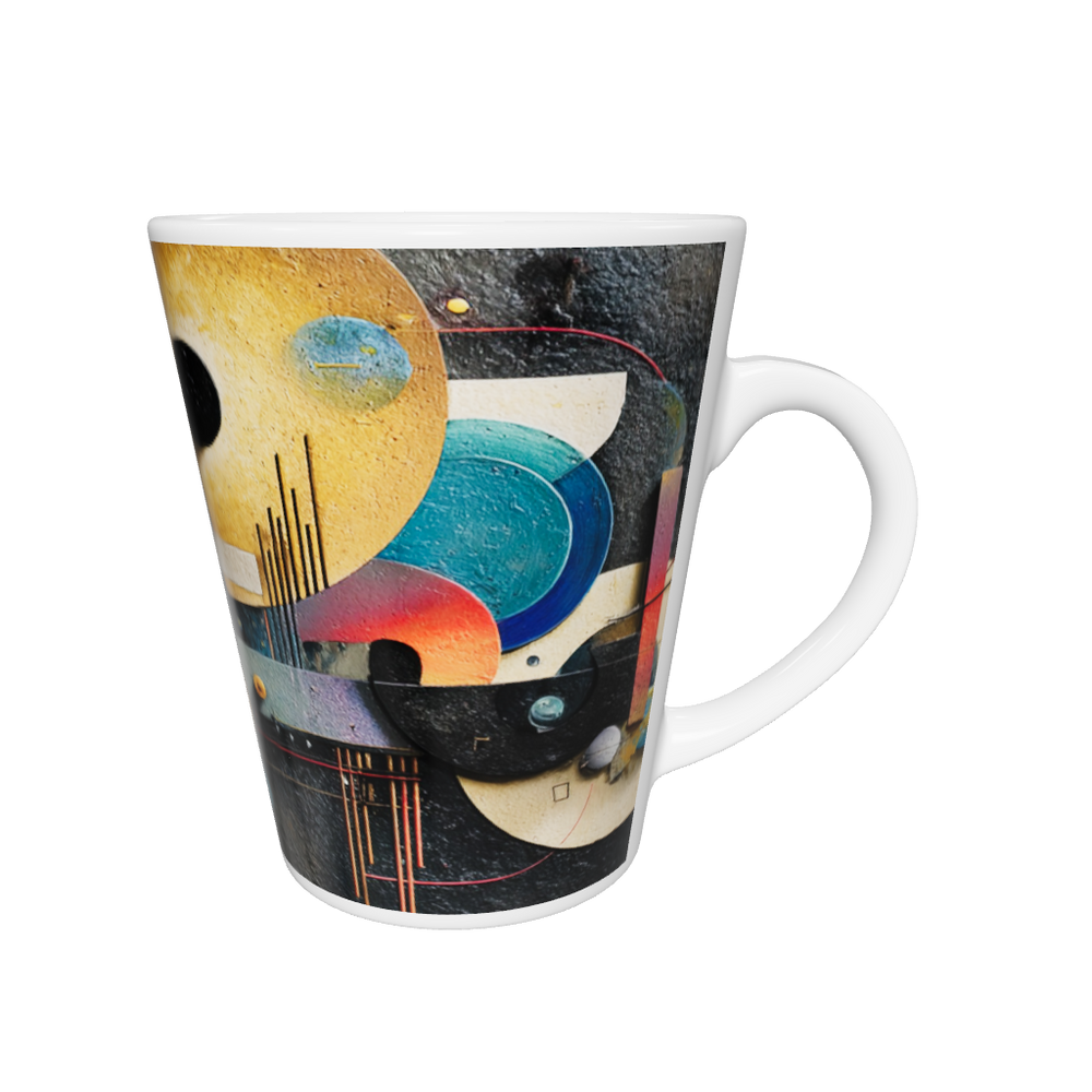 „Latte-Tasse konisch mit abstraktem Bauhaus-Motiv in Gelb, Blau, Rot und Violett, inspiriert von Kandinsky“